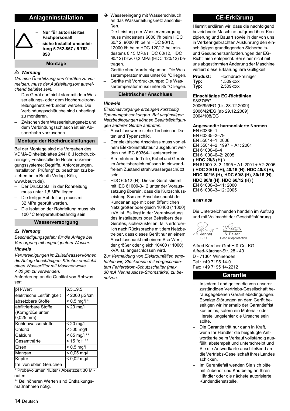 Anlageninstallation, Ce-erklärung, Garantie | Karcher HDC advanced User Manual | Page 14 / 356