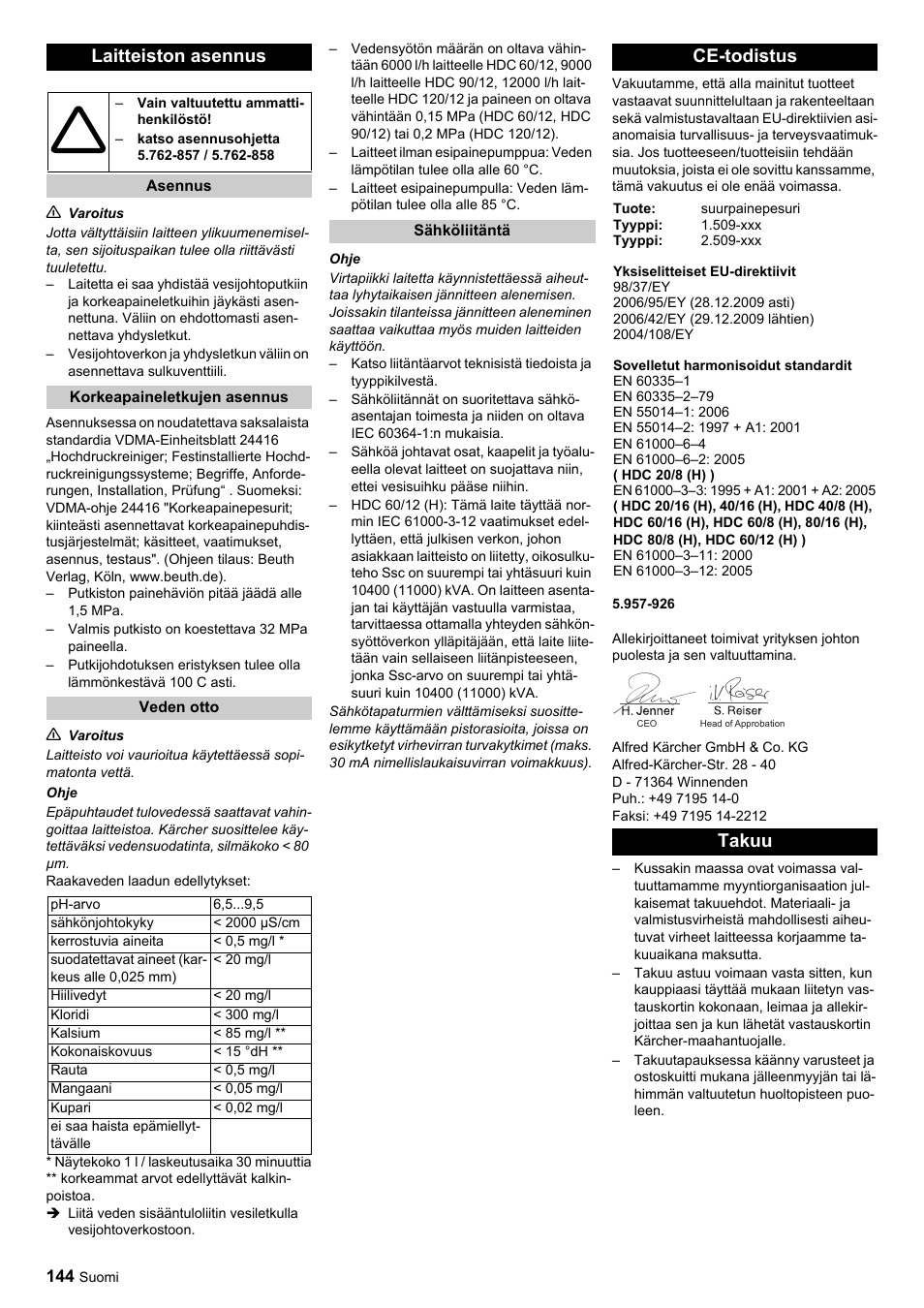 Laitteiston asennus, Ce-todistus, Takuu | Karcher HDC advanced User Manual | Page 144 / 356