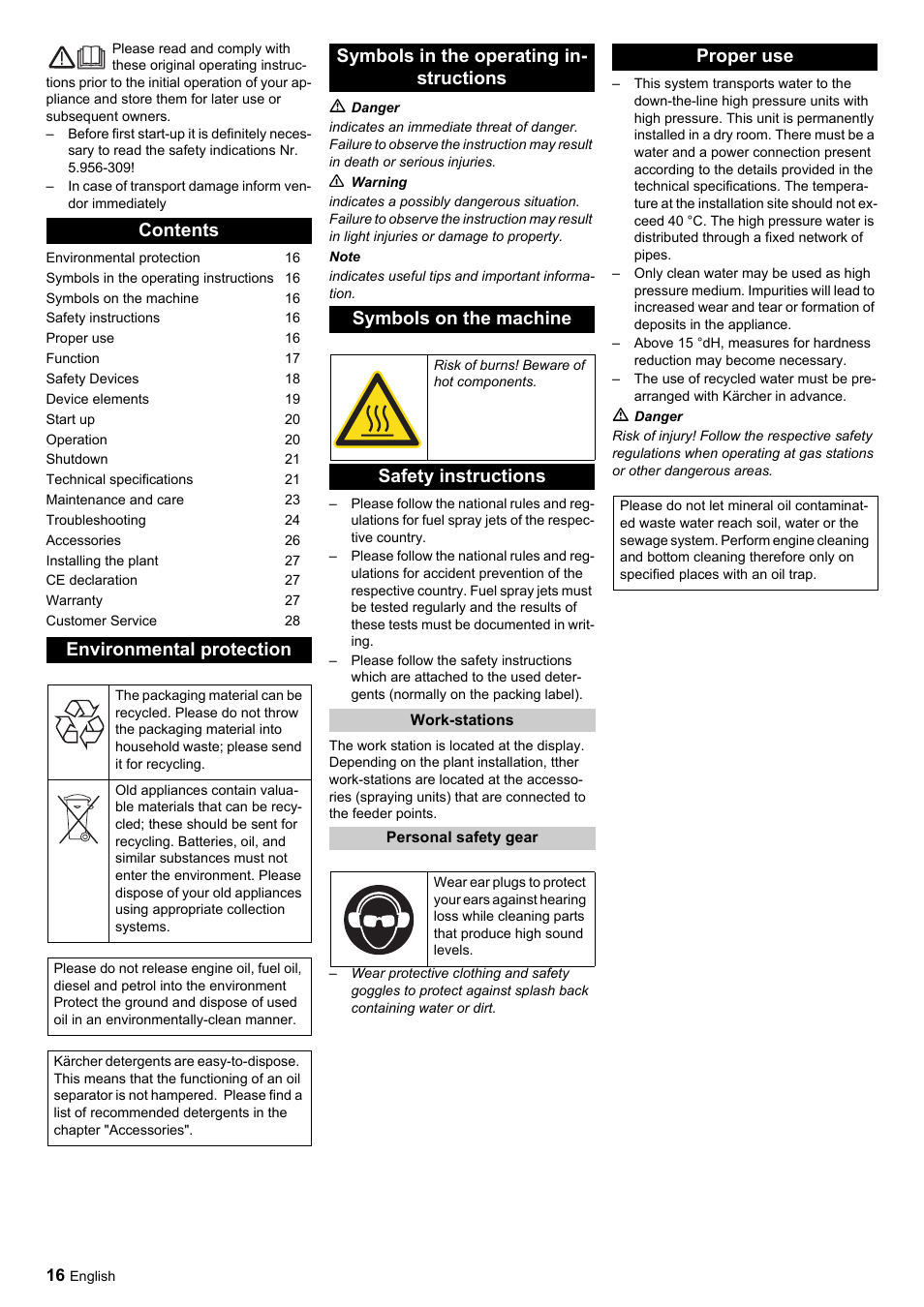 Contents environmental protection, Safety instructions, Proper use | Karcher HDC advanced User Manual | Page 16 / 356