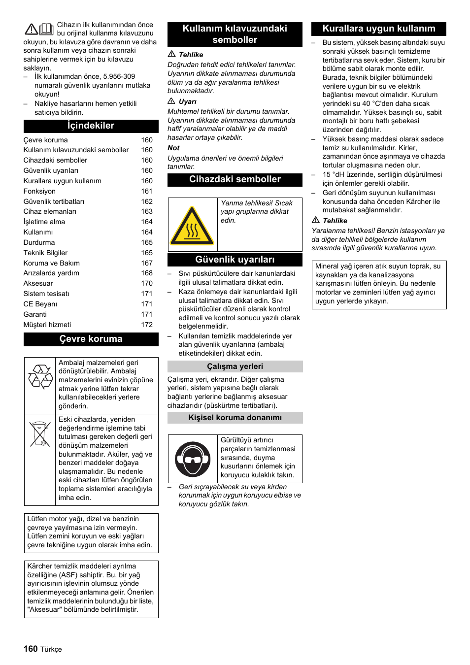 Içindekiler çevre koruma, Güvenlik uyarıları, Kurallara uygun kullanım | Karcher HDC advanced User Manual | Page 160 / 356