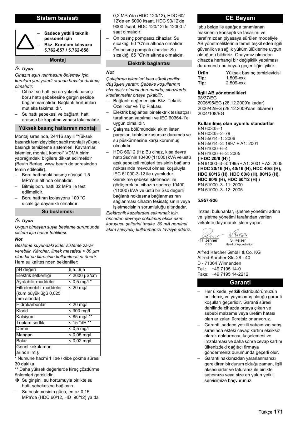 Sistem tesisatı, Ce beyanı, Garanti | Karcher HDC advanced User Manual | Page 171 / 356