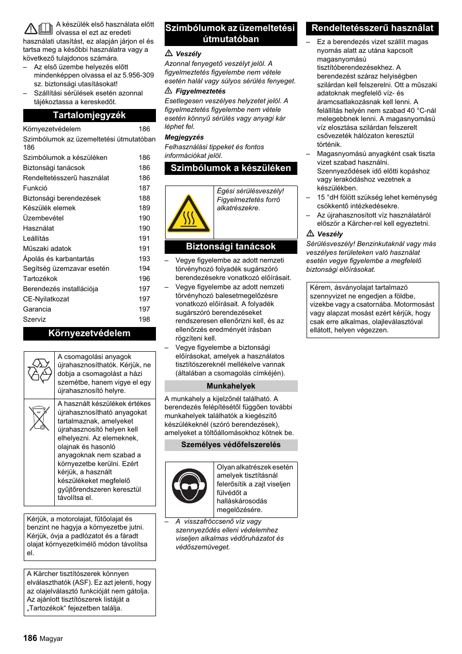 Tartalomjegyzék környezetvédelem, Biztonsági tanácsok, Rendeltetésszerű használat | Karcher HDC advanced User Manual | Page 186 / 356