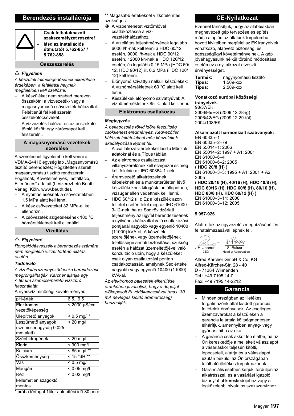 Berendezés installációja, Ce-nyilatkozat, Garancia | Karcher HDC advanced User Manual | Page 197 / 356