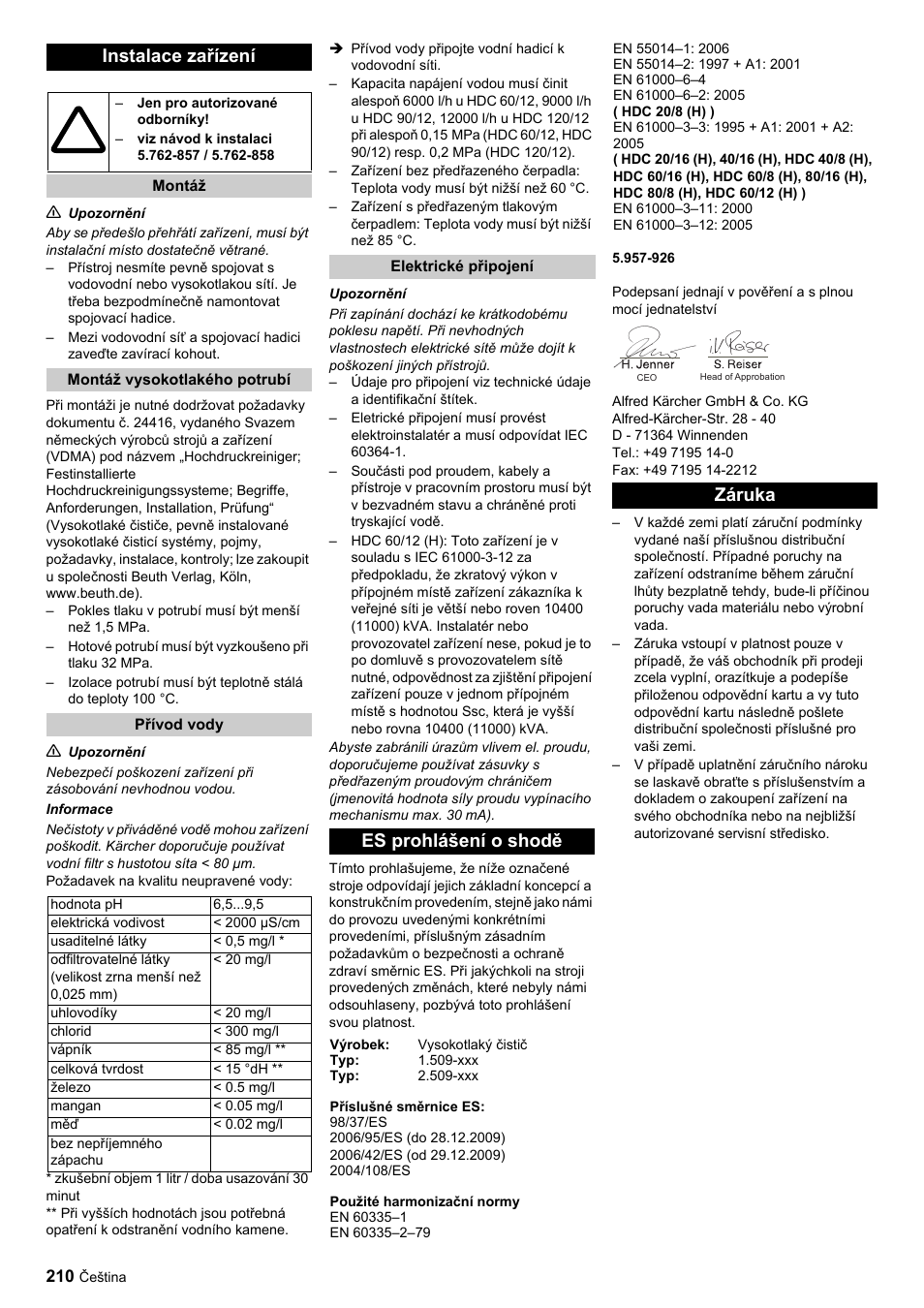 Instalace zařízení, Es prohlášení o shodě, Záruka | Karcher HDC advanced User Manual | Page 210 / 356