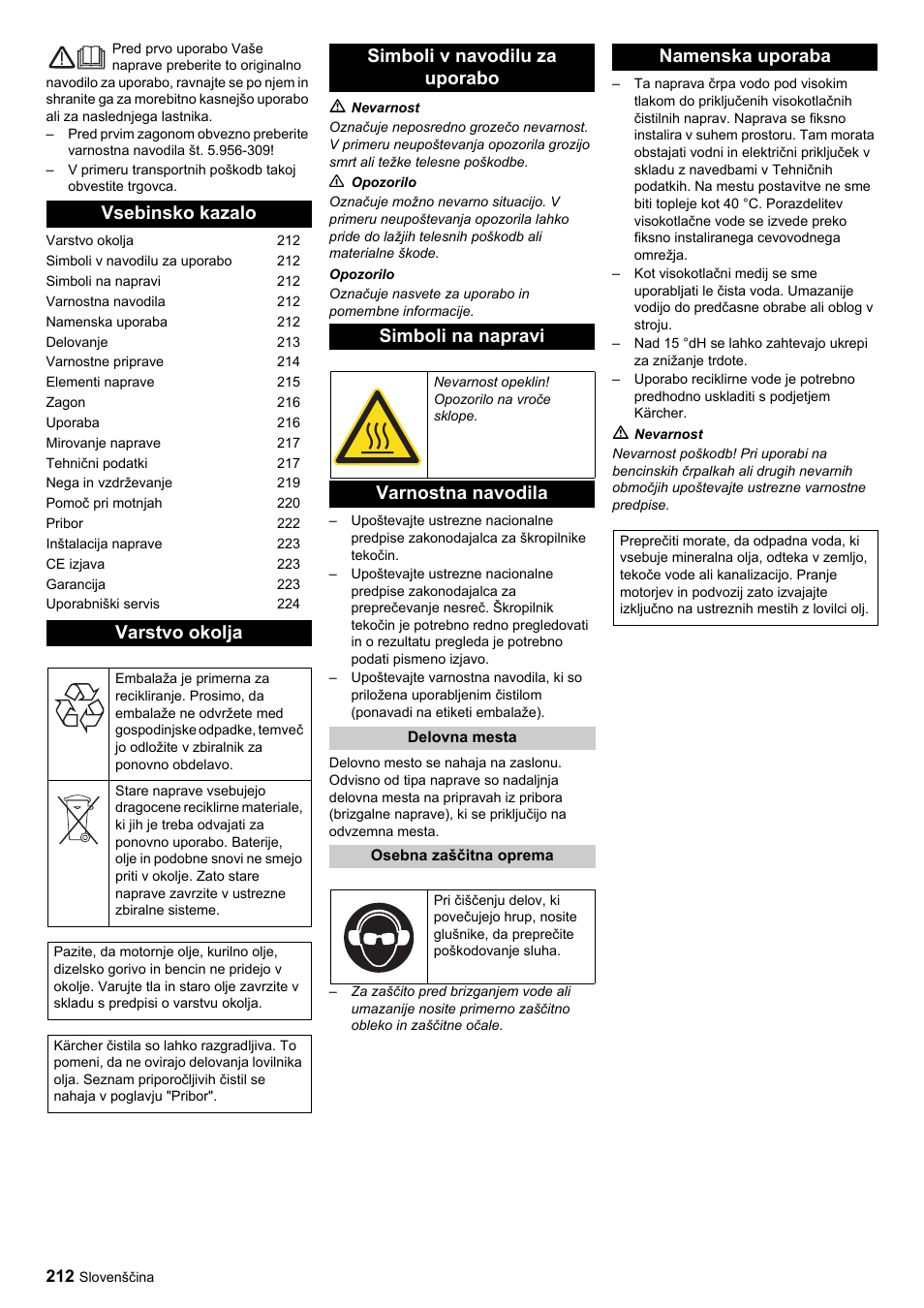 Vsebinsko kazalo varstvo okolja, Simboli v navodilu za uporabo simboli na napravi, Varnostna navodila | Namenska uporaba | Karcher HDC advanced User Manual | Page 212 / 356