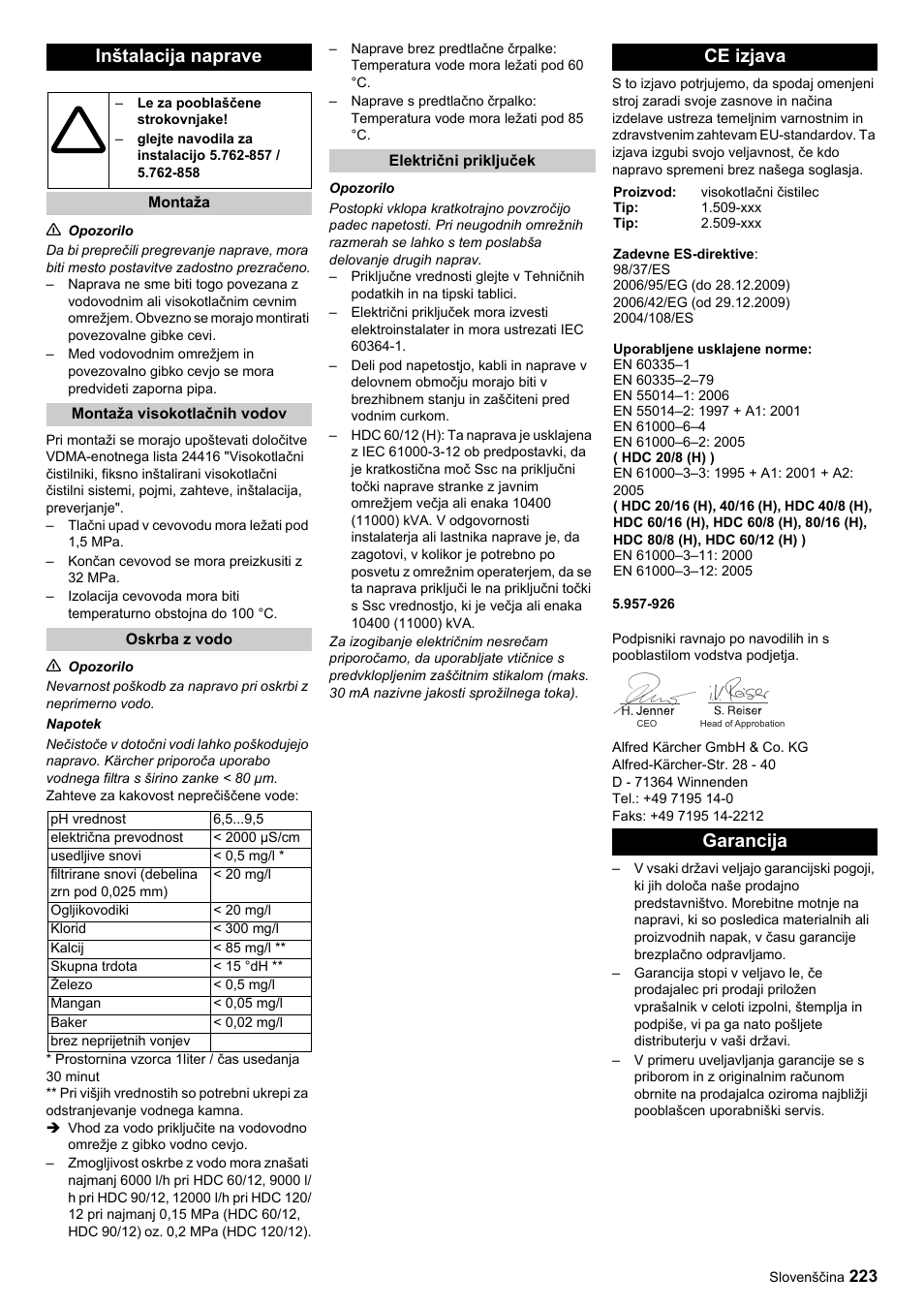 Inštalacija naprave, Ce izjava, Garancija | Karcher HDC advanced User Manual | Page 223 / 356