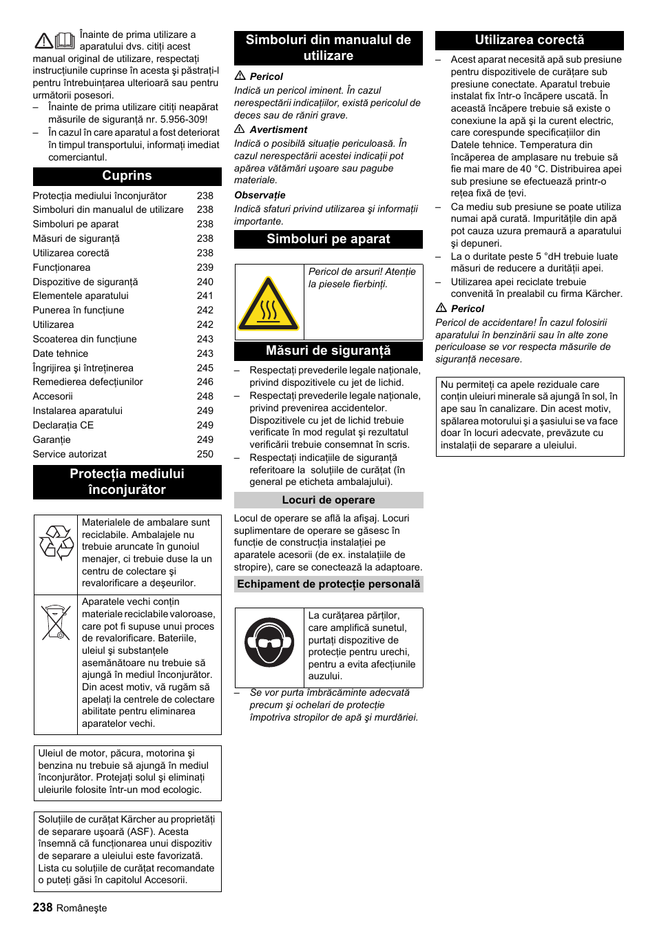 Cuprins protecţia mediului înconjurător, Măsuri de siguranţă, Utilizarea corectă | Karcher HDC advanced User Manual | Page 238 / 356