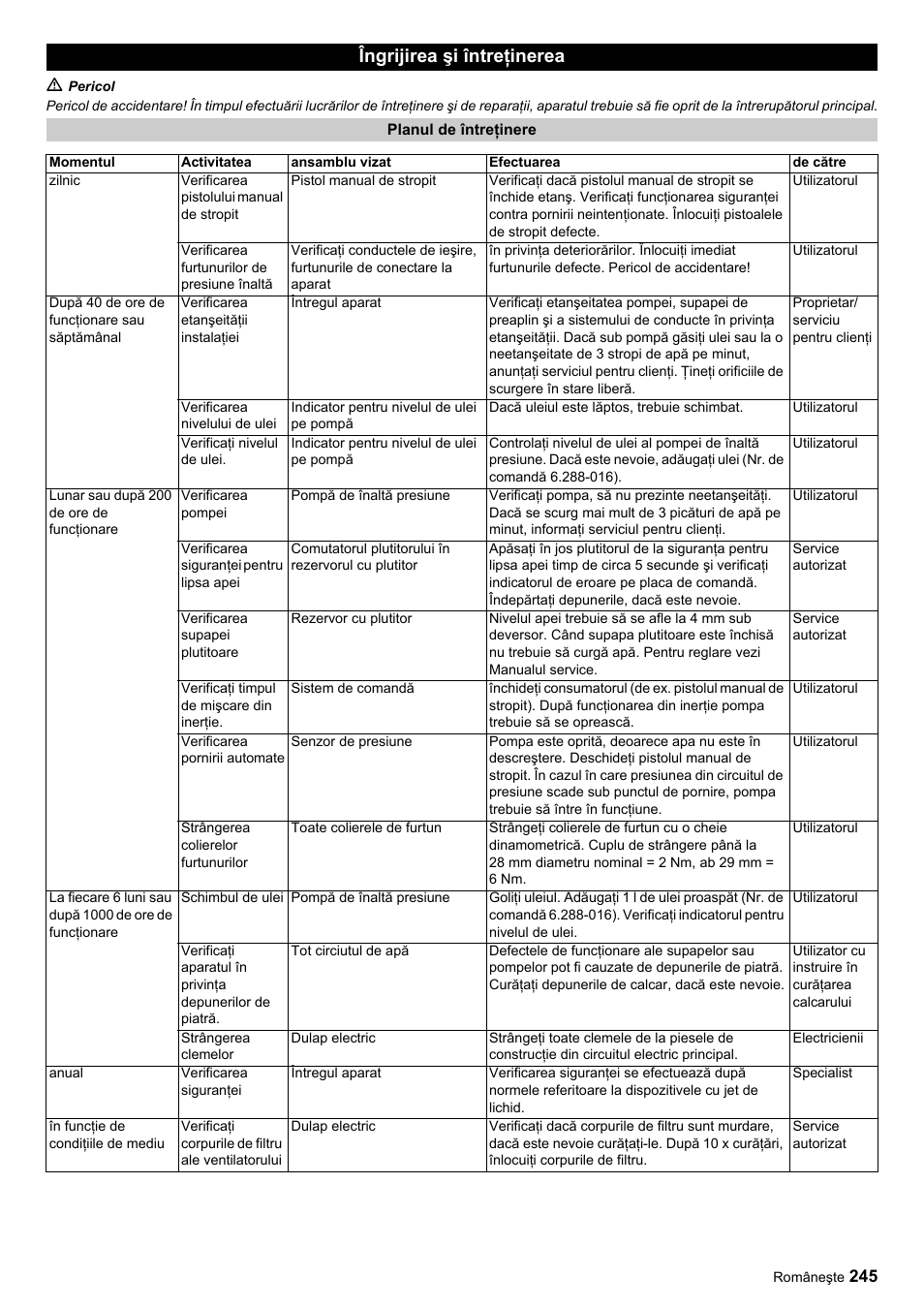 Îngrijirea şi întreţinerea | Karcher HDC advanced User Manual | Page 245 / 356