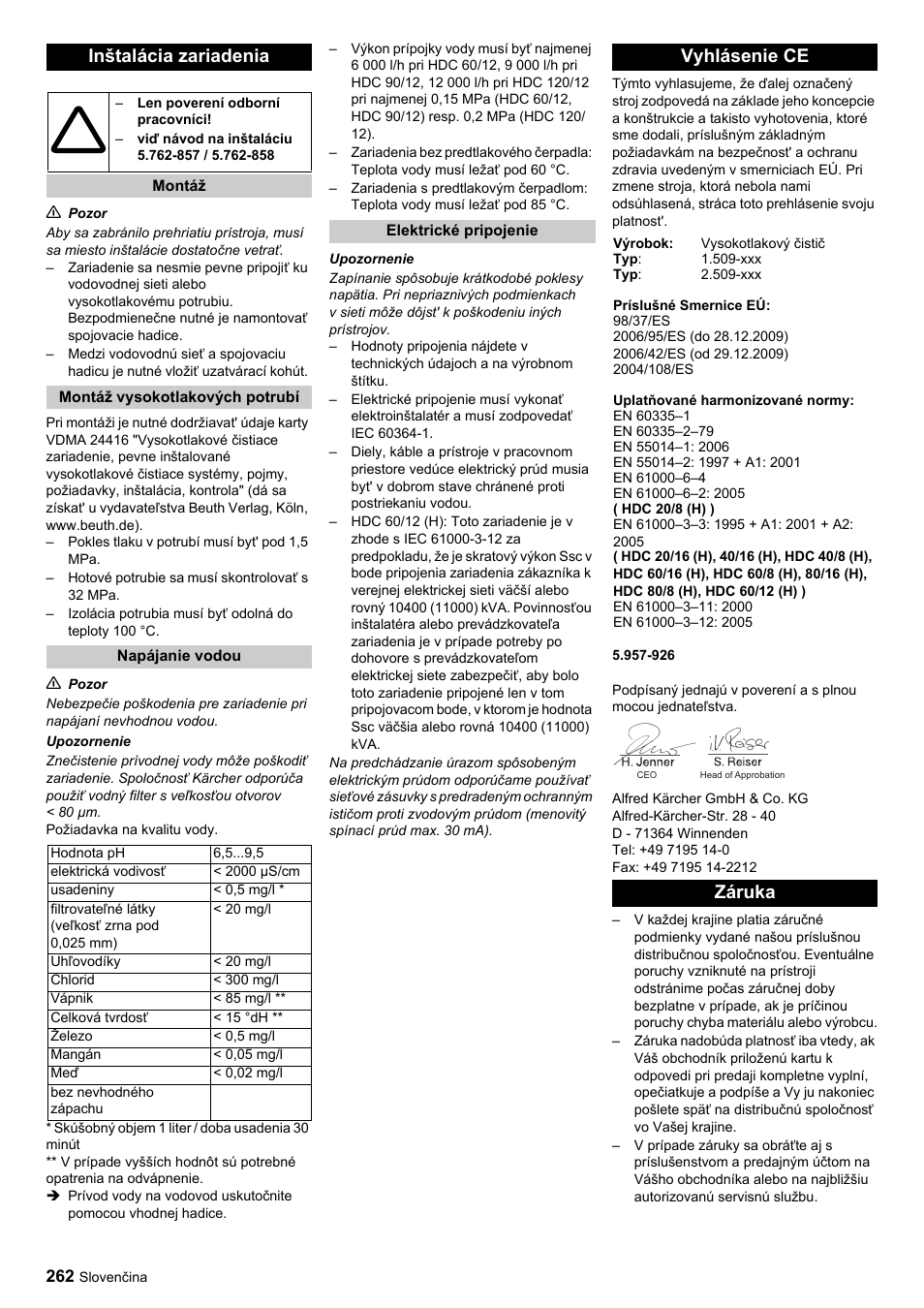 Inštalácia zariadenia, Vyhlásenie ce, Záruka | Karcher HDC advanced User Manual | Page 262 / 356