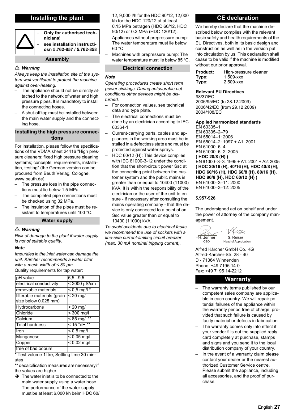 Installing the plant, Ce declaration, Warranty | Karcher HDC advanced User Manual | Page 27 / 356