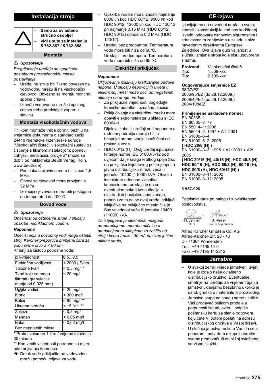 Instalacija stroja, Ce-izjava, Jamstvo | Karcher HDC advanced User Manual | Page 275 / 356