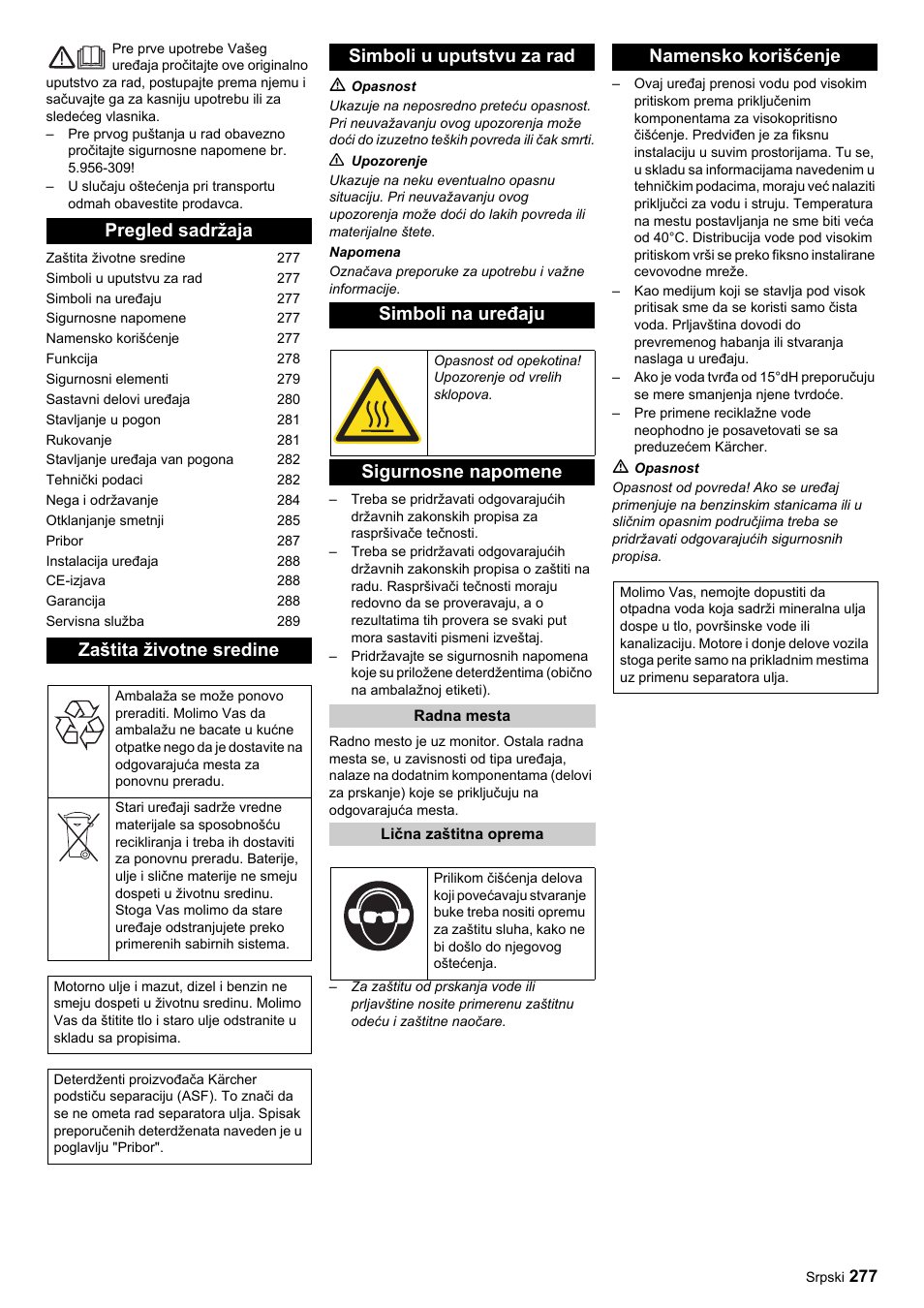 Pregled sadržaja zaštita životne sredine, Simboli u uputstvu za rad simboli na uređaju, Sigurnosne napomene | Namensko korišćenje | Karcher HDC advanced User Manual | Page 277 / 356