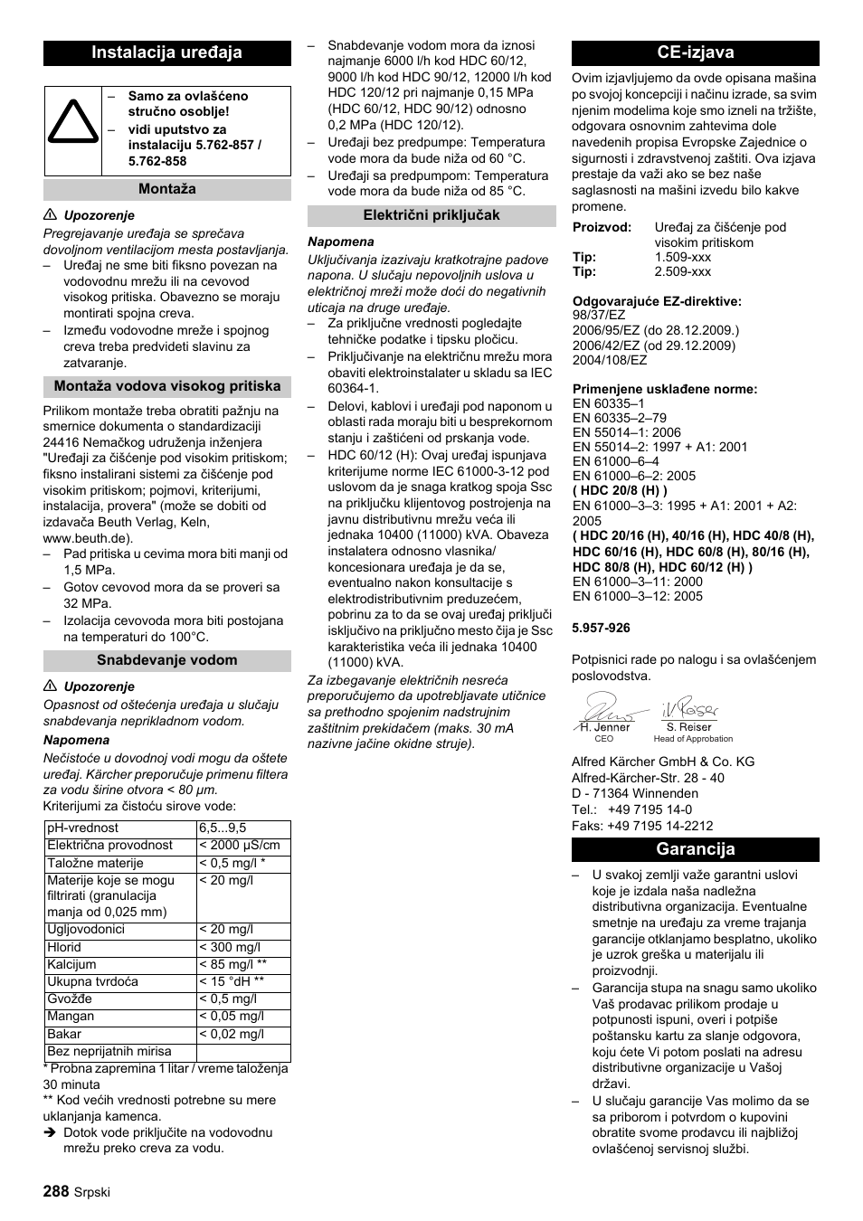 Instalacija uređaja, Ce-izjava, Garancija | Karcher HDC advanced User Manual | Page 288 / 356