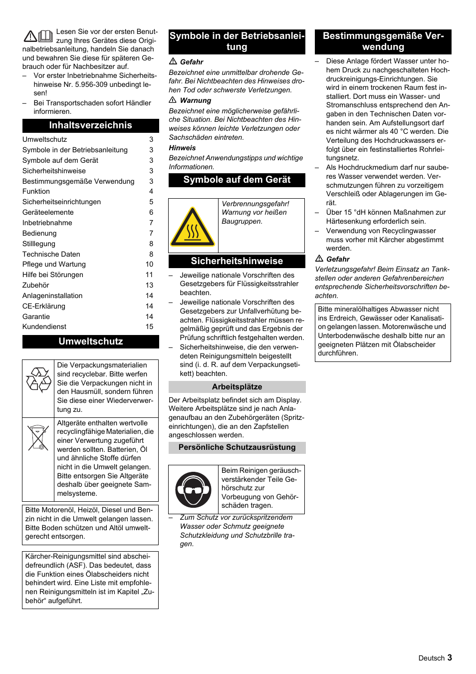 Inhaltsverzeichnis umweltschutz, Sicherheitshinweise, Bestimmungsgemäße ver- wendung | Karcher HDC advanced User Manual | Page 3 / 356