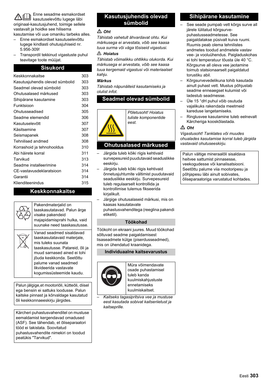 Sisukord keskkonnakaitse, Ohutusalased märkused, Sihipärane kasutamine | Karcher HDC advanced User Manual | Page 303 / 356