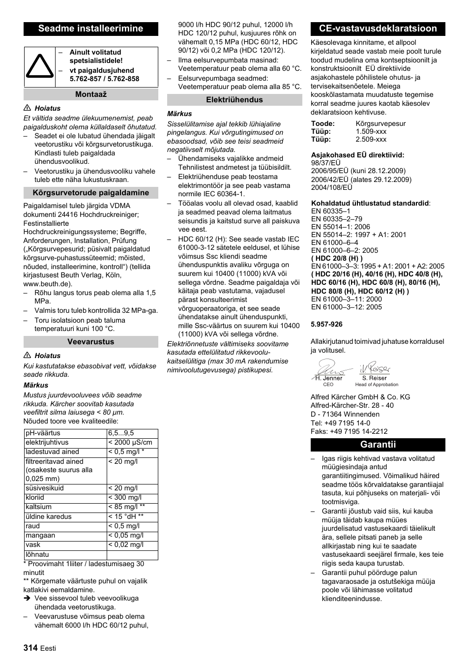Seadme installeerimine, Ce-vastavusdeklaratsioon, Garantii | Karcher HDC advanced User Manual | Page 314 / 356