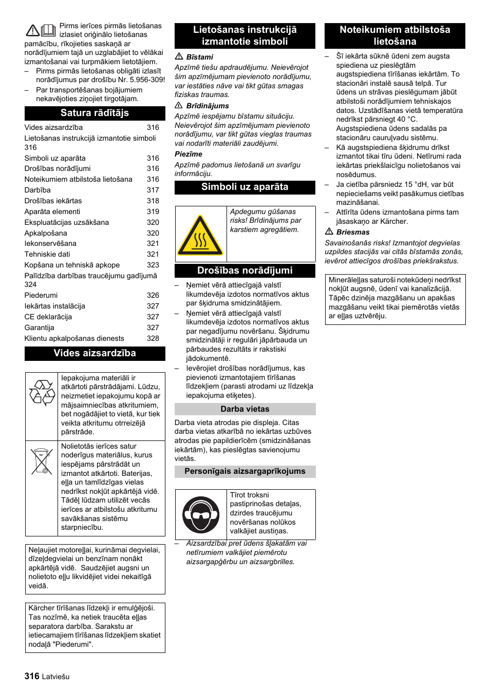 Satura rādītājs vides aizsardzība, Drošības norādījumi | Karcher HDC advanced User Manual | Page 316 / 356