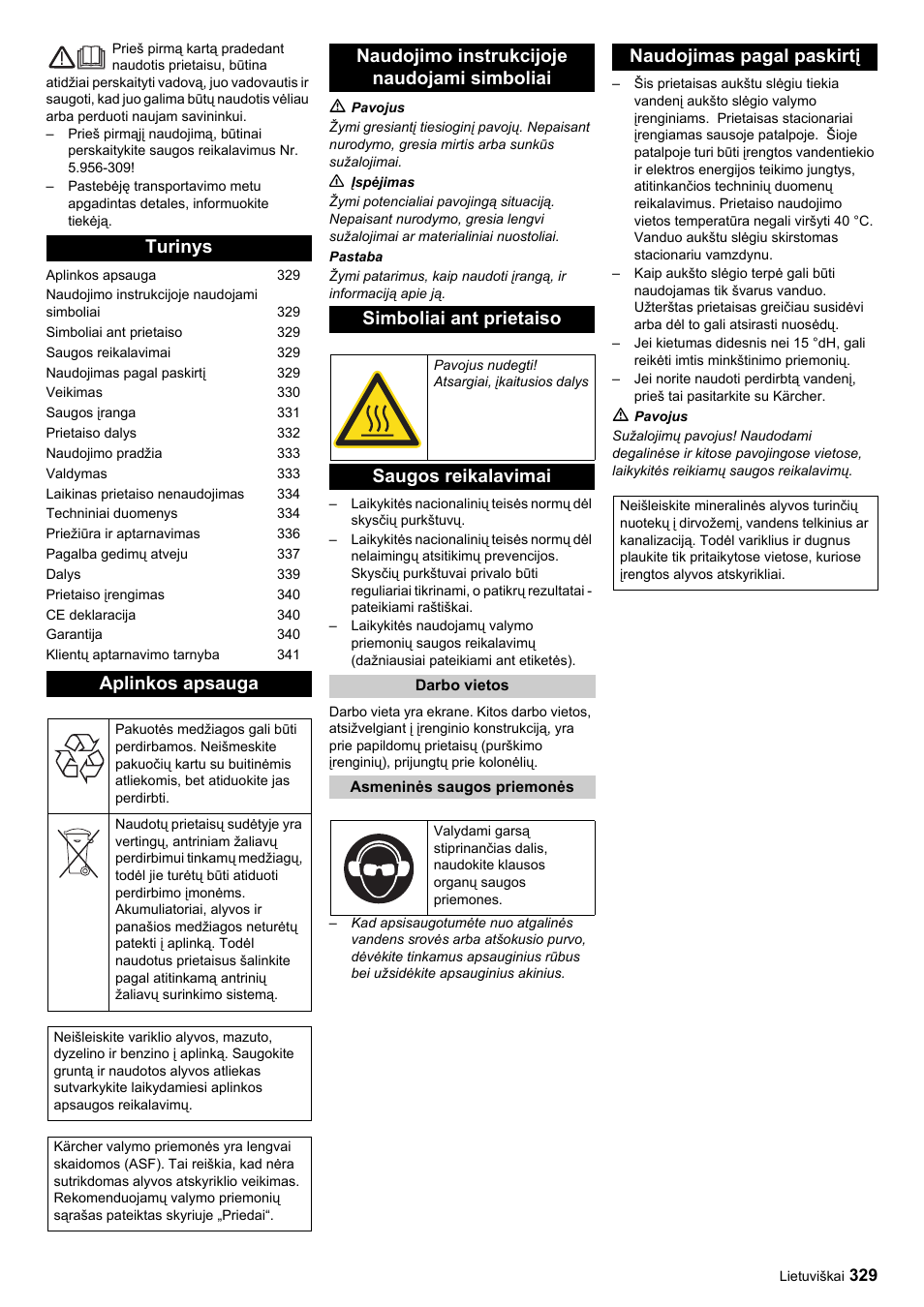 Turinys aplinkos apsauga, Saugos reikalavimai, Naudojimas pagal paskirtį | Karcher HDC advanced User Manual | Page 329 / 356