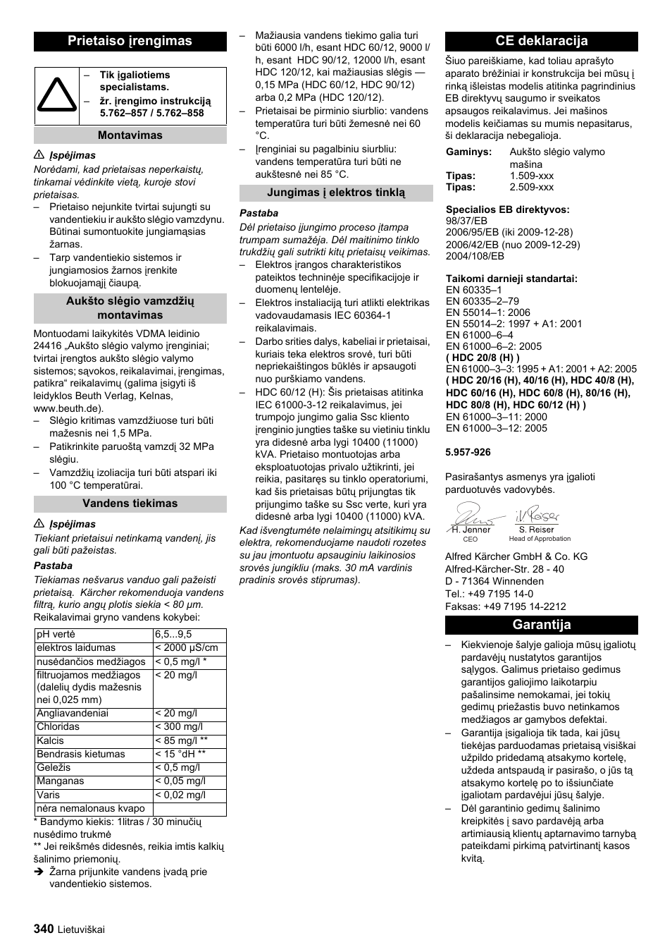 Prietaiso įrengimas, Ce deklaracija, Garantija | Karcher HDC advanced User Manual | Page 340 / 356