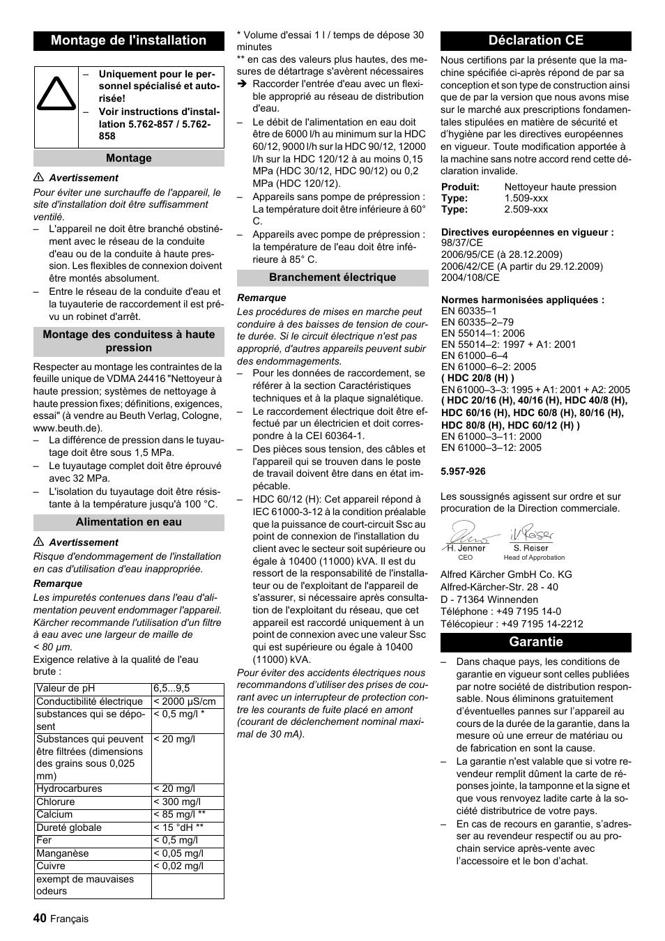 Montage de l'installation, Déclaration ce, Garantie | Karcher HDC advanced User Manual | Page 40 / 356