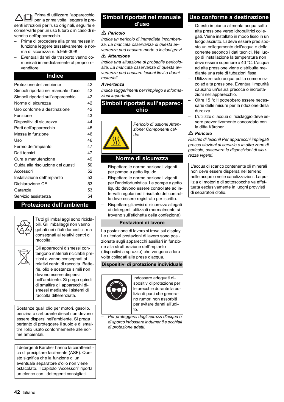 Indice protezione dell’ambiente, Norme di sicurezza, Uso conforme a destinazione | Karcher HDC advanced User Manual | Page 42 / 356