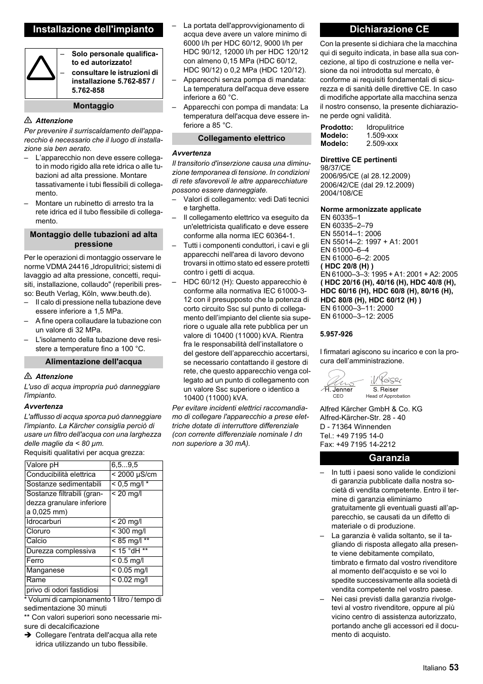 Installazione dell'impianto, Dichiarazione ce, Garanzia | Karcher HDC advanced User Manual | Page 53 / 356