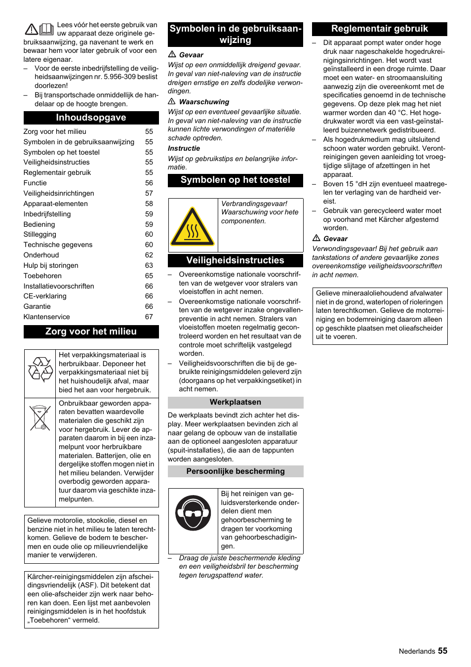 Inhoudsopgave zorg voor het milieu, Veiligheidsinstructies, Reglementair gebruik | Karcher HDC advanced User Manual | Page 55 / 356