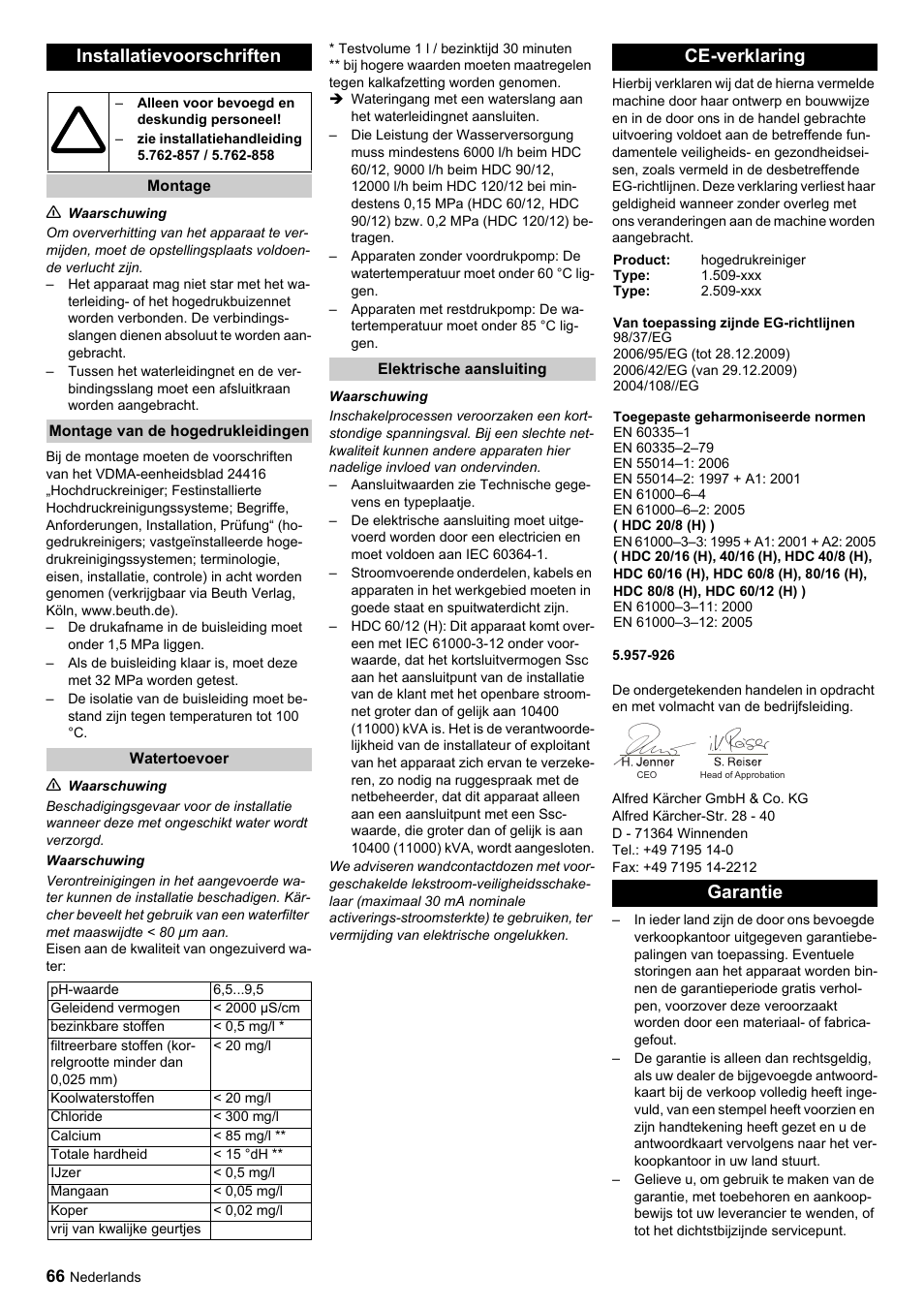 Installatievoorschriften, Ce-verklaring, Garantie | Karcher HDC advanced User Manual | Page 66 / 356