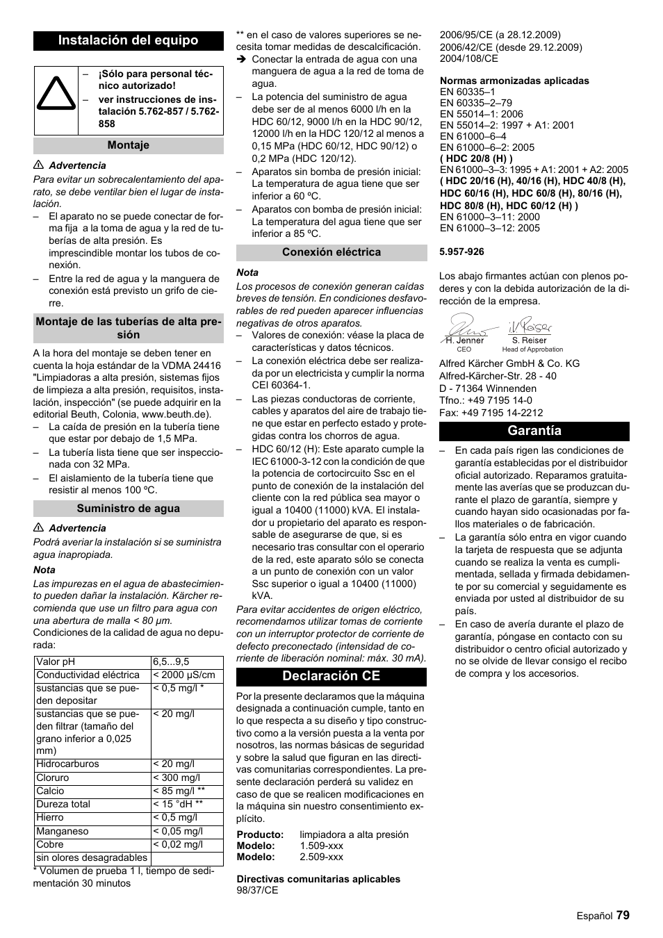 Instalación del equipo, Declaración ce, Garantía | Karcher HDC advanced User Manual | Page 79 / 356