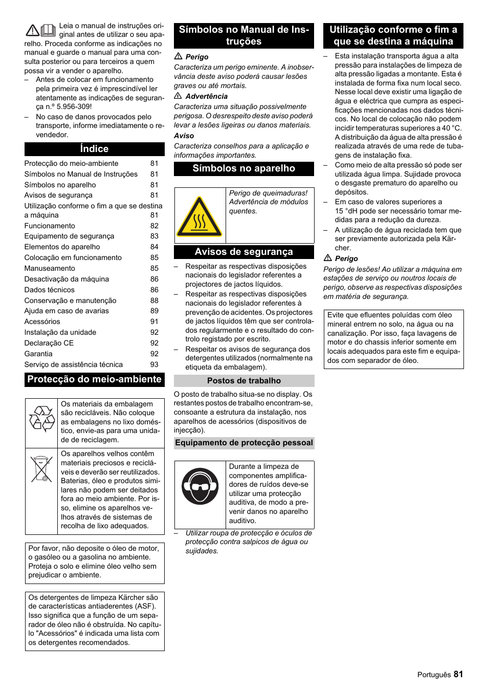 Índice protecção do meio-ambiente, Avisos de segurança | Karcher HDC advanced User Manual | Page 81 / 356