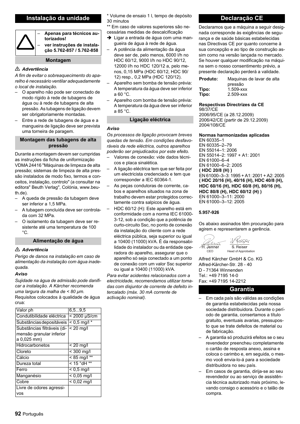 Instalação da unidade, Declaração ce, Garantia | Karcher HDC advanced User Manual | Page 92 / 356