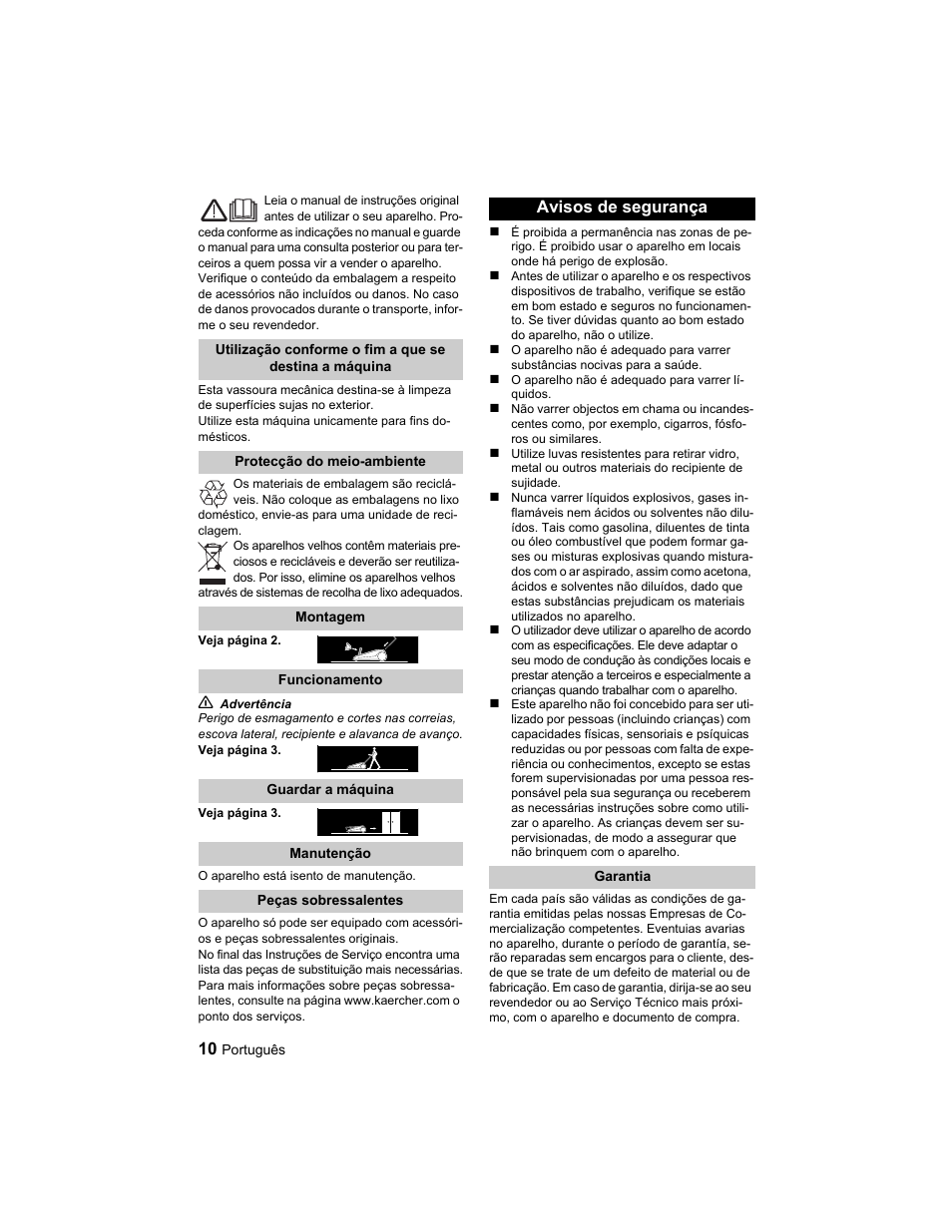 Avisos de segurança | Karcher S 750 User Manual | Page 10 / 32