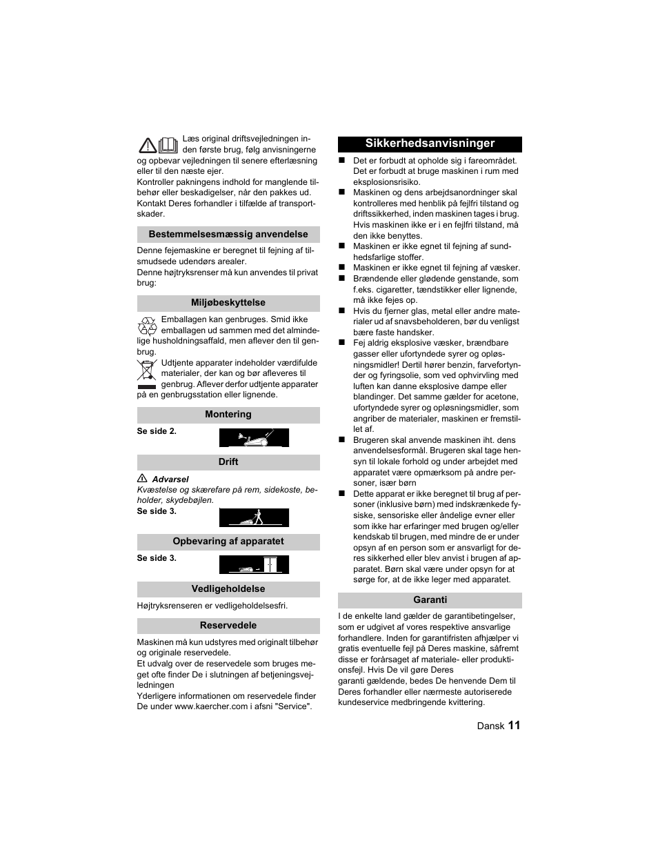 Sikkerhedsanvisninger | Karcher S 750 User Manual | Page 11 / 32