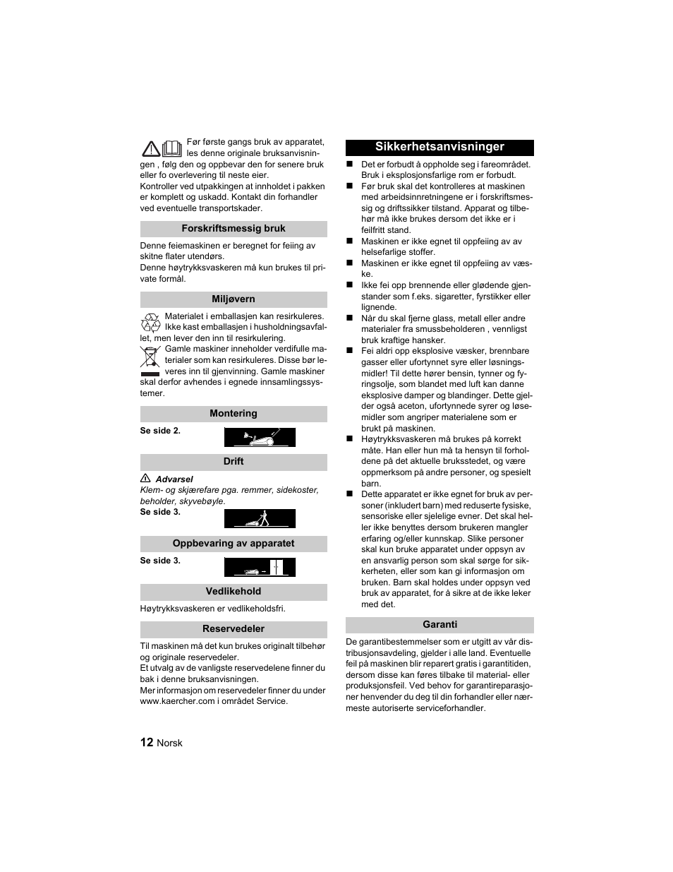 Sikkerhetsanvisninger | Karcher S 750 User Manual | Page 12 / 32