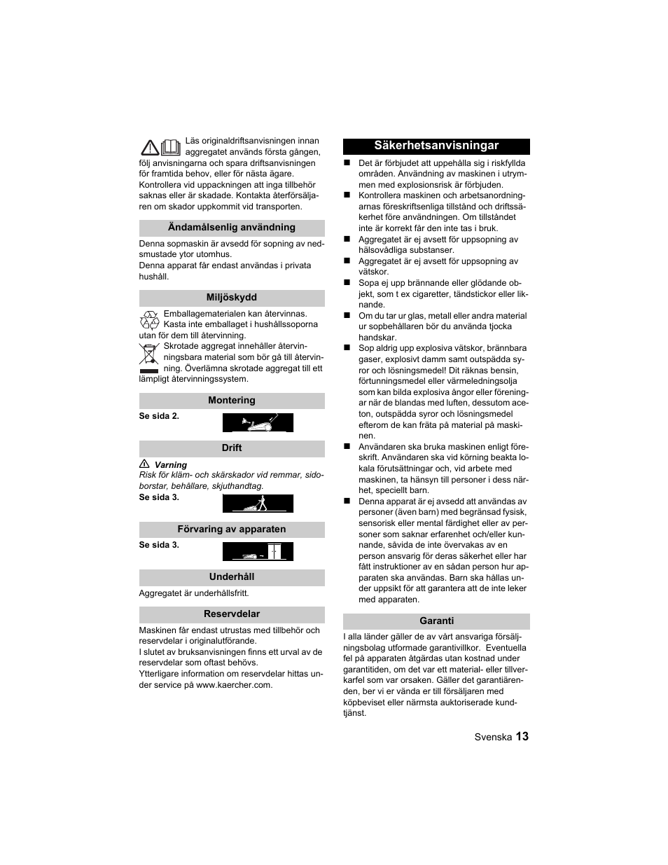 Säkerhetsanvisningar | Karcher S 750 User Manual | Page 13 / 32