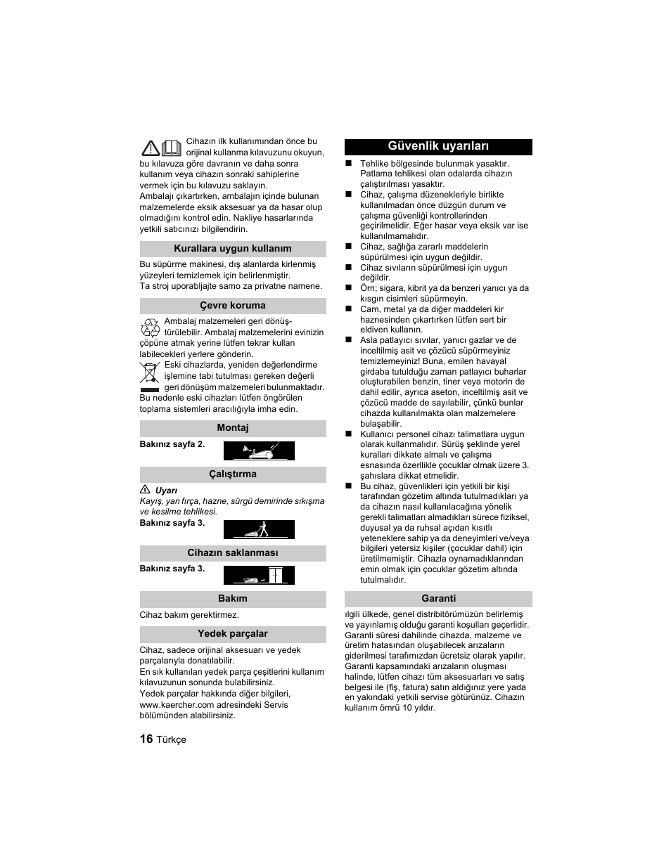 Güvenlik uyarıları | Karcher S 750 User Manual | Page 16 / 32