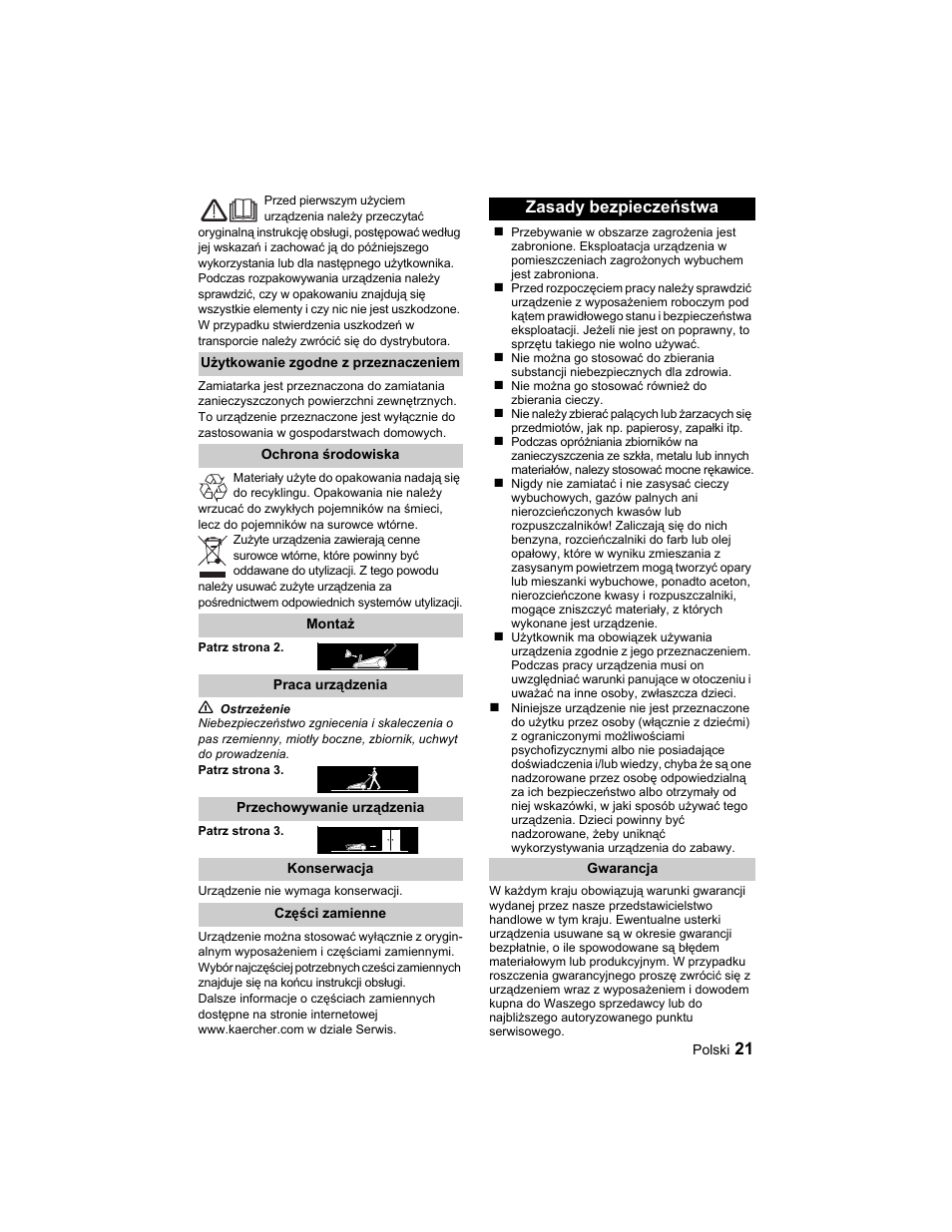 Zasady bezpieczeństwa | Karcher S 750 User Manual | Page 21 / 32