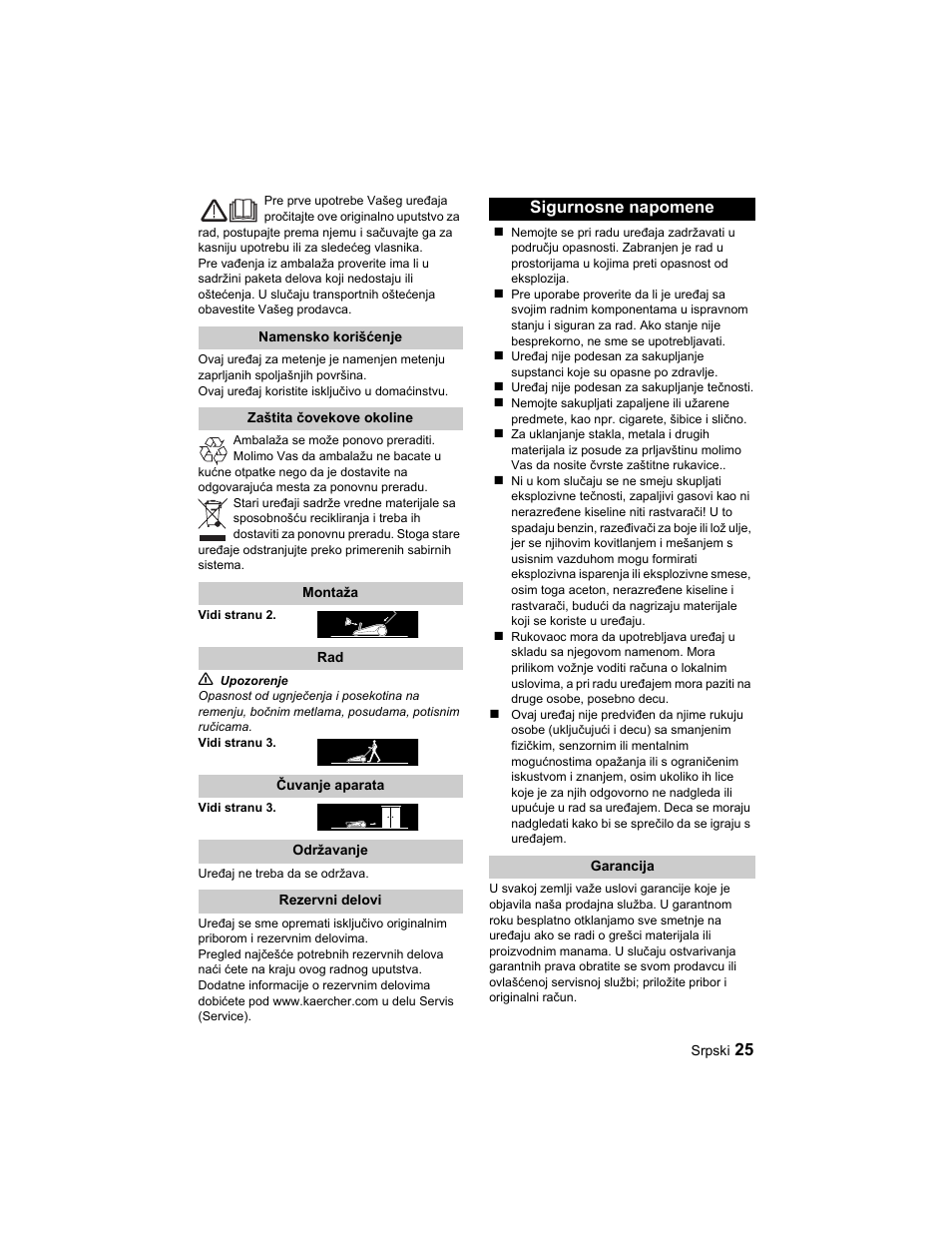 Sigurnosne napomene | Karcher S 750 User Manual | Page 25 / 32