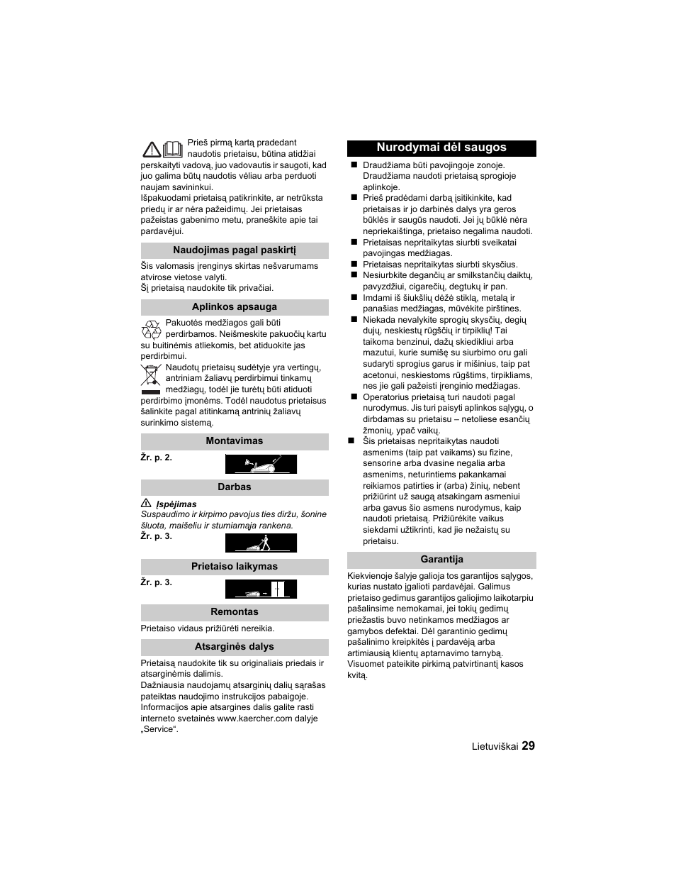 Nurodymai dėl saugos | Karcher S 750 User Manual | Page 29 / 32