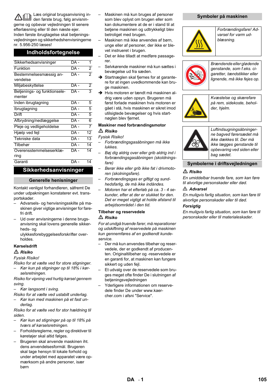 Indholdsfortegnelse, Sikkerhedsanvisninger | Karcher KM 90-60 R P User Manual | Page 105 / 392