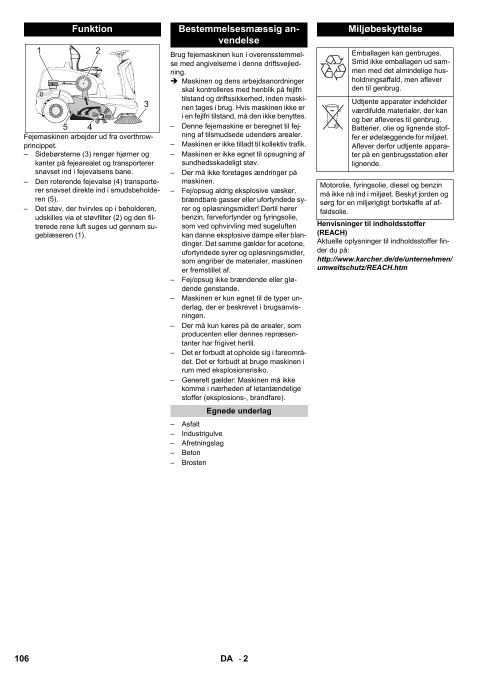 Funktion bestemmelsesmæssig an- vendelse, Miljøbeskyttelse | Karcher KM 90-60 R P User Manual | Page 106 / 392