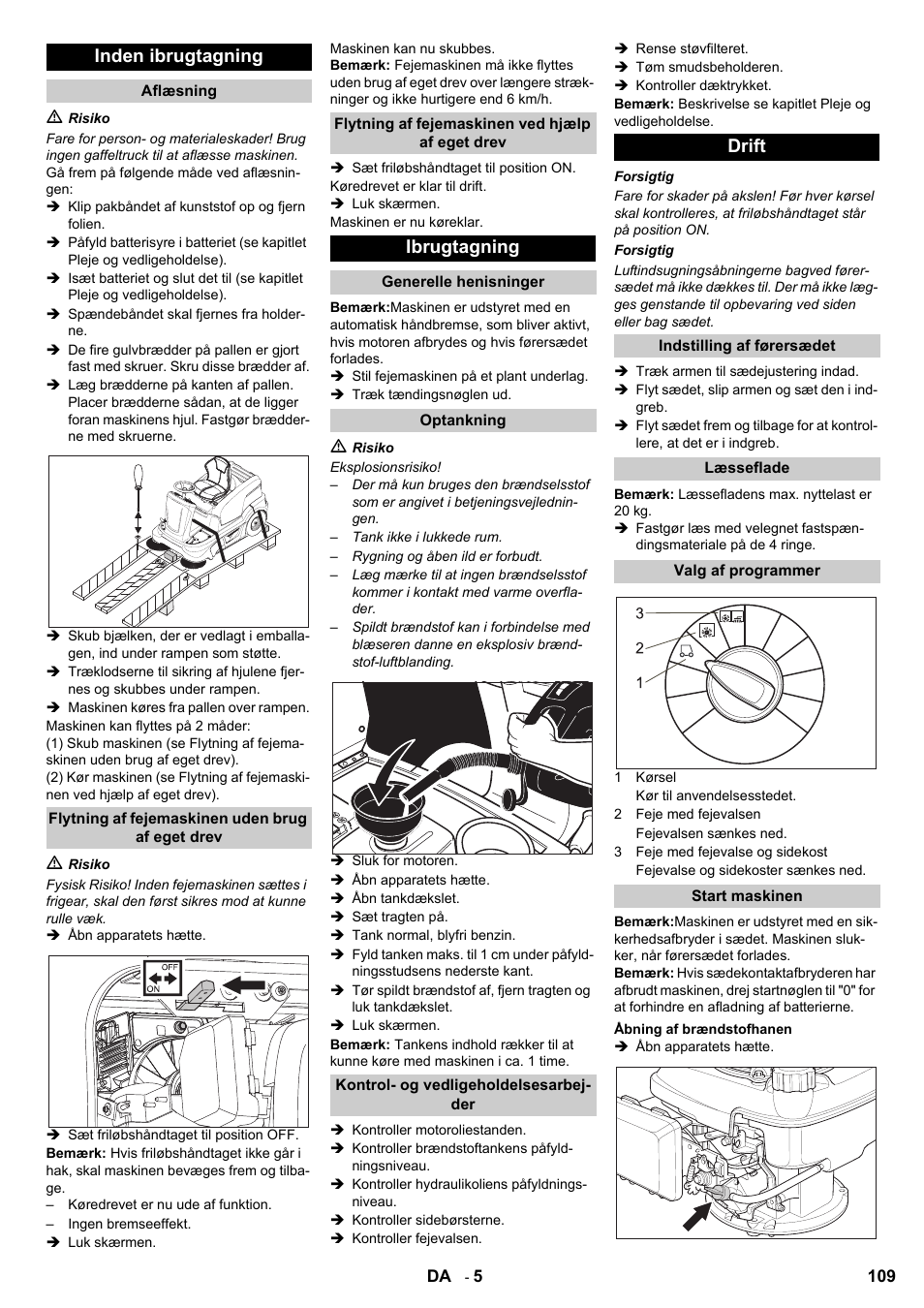 Inden ibrugtagning, Ibrugtagning, Drift | Karcher KM 90-60 R P User Manual | Page 109 / 392