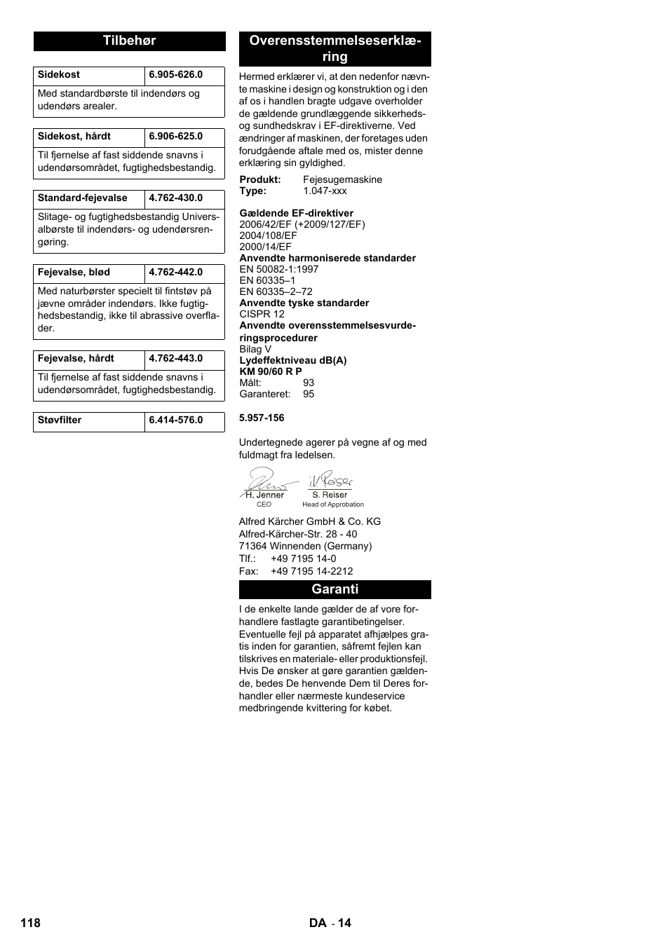 Tilbehør, Overensstemmelseserklæ- ring, Garanti | Karcher KM 90-60 R P User Manual | Page 118 / 392