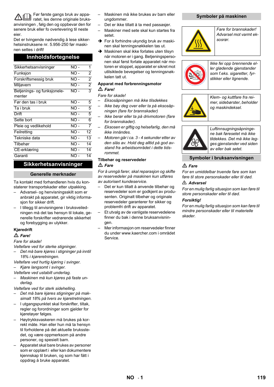 Innholdsfortegnelse, Sikkerhetsanvisninger | Karcher KM 90-60 R P User Manual | Page 119 / 392
