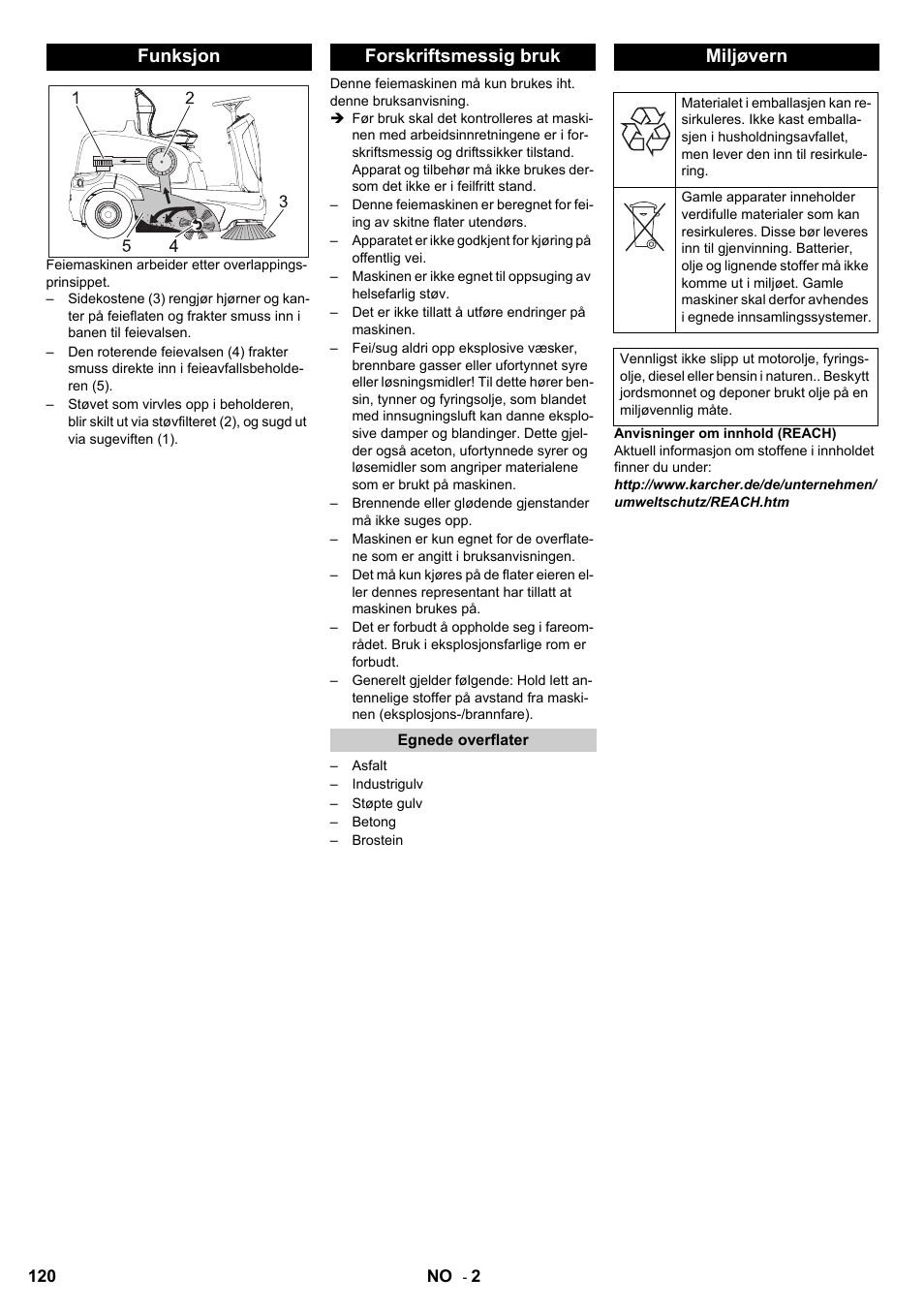 Funksjon forskriftsmessig bruk, Miljøvern | Karcher KM 90-60 R P User Manual | Page 120 / 392