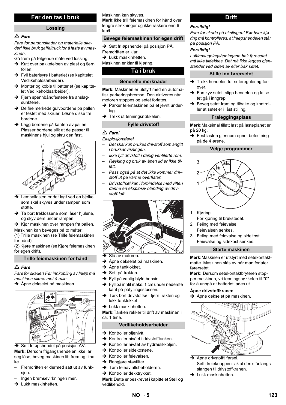 Før den tas i bruk, Ta i bruk, Drift | Karcher KM 90-60 R P User Manual | Page 123 / 392