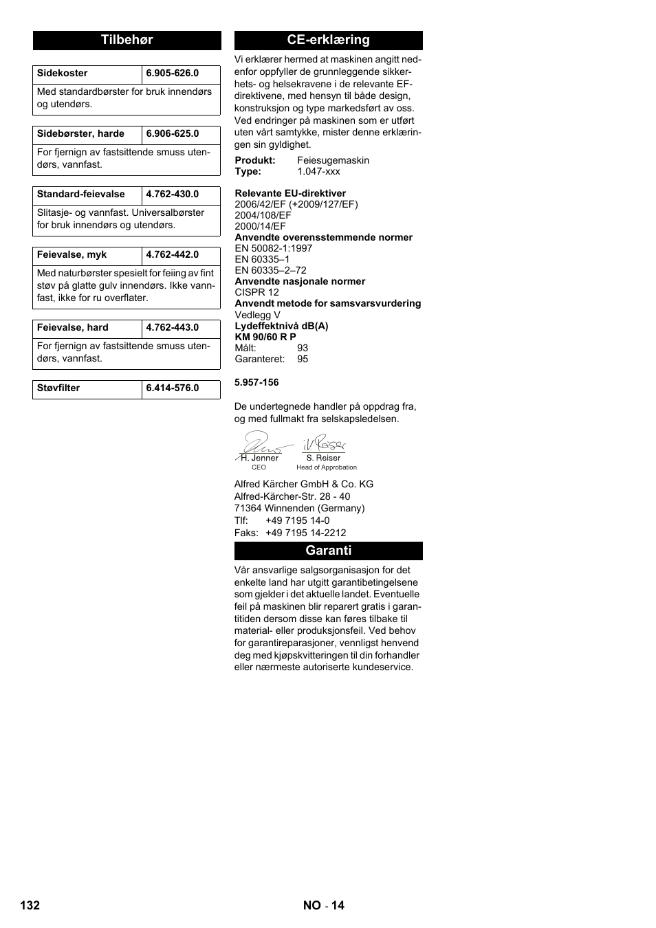 Tilbehør, Ce-erklæring, Garanti | Karcher KM 90-60 R P User Manual | Page 132 / 392