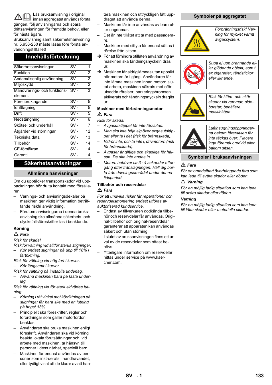 Innehållsförteckning, Säkerhetsanvisningar | Karcher KM 90-60 R P User Manual | Page 133 / 392