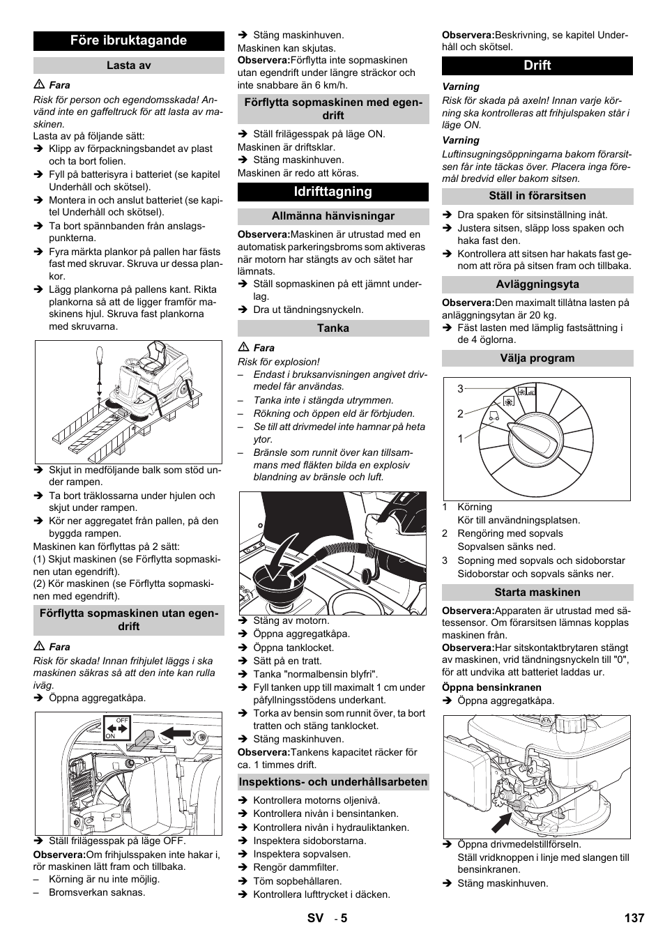 Före ibruktagande, Idrifttagning, Drift | Karcher KM 90-60 R P User Manual | Page 137 / 392