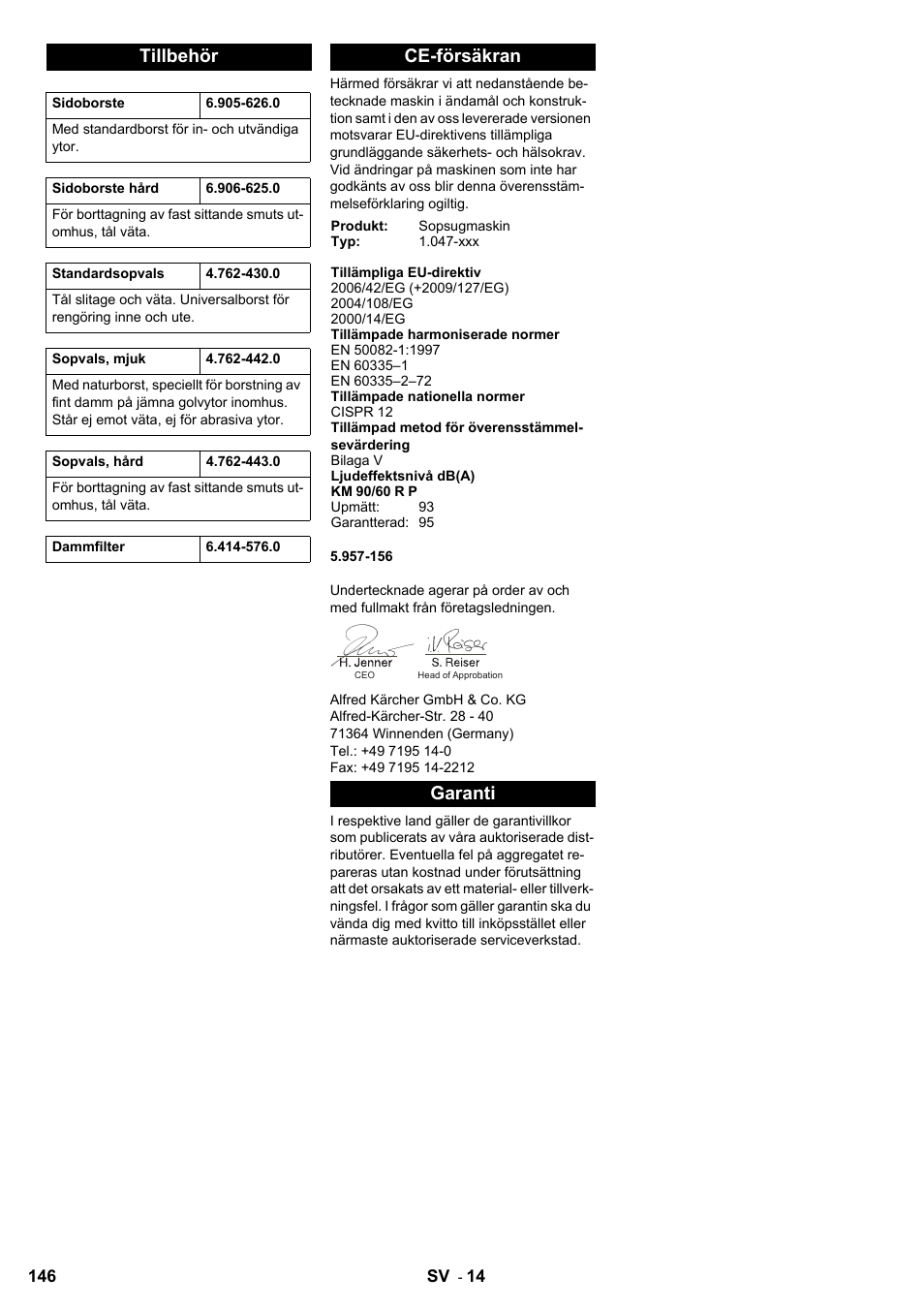 Tillbehör, Ce-försäkran, Garanti | Karcher KM 90-60 R P User Manual | Page 146 / 392